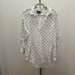For Cynthia Beachwear White Linen Fish Print Dress Coverup Size X-Large